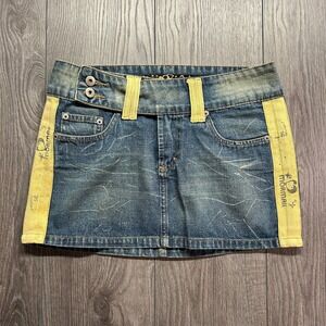Mormaii Y2K Denim Mini Skirt Low Rise Yellow Stripe Graphic Blue 40 30w